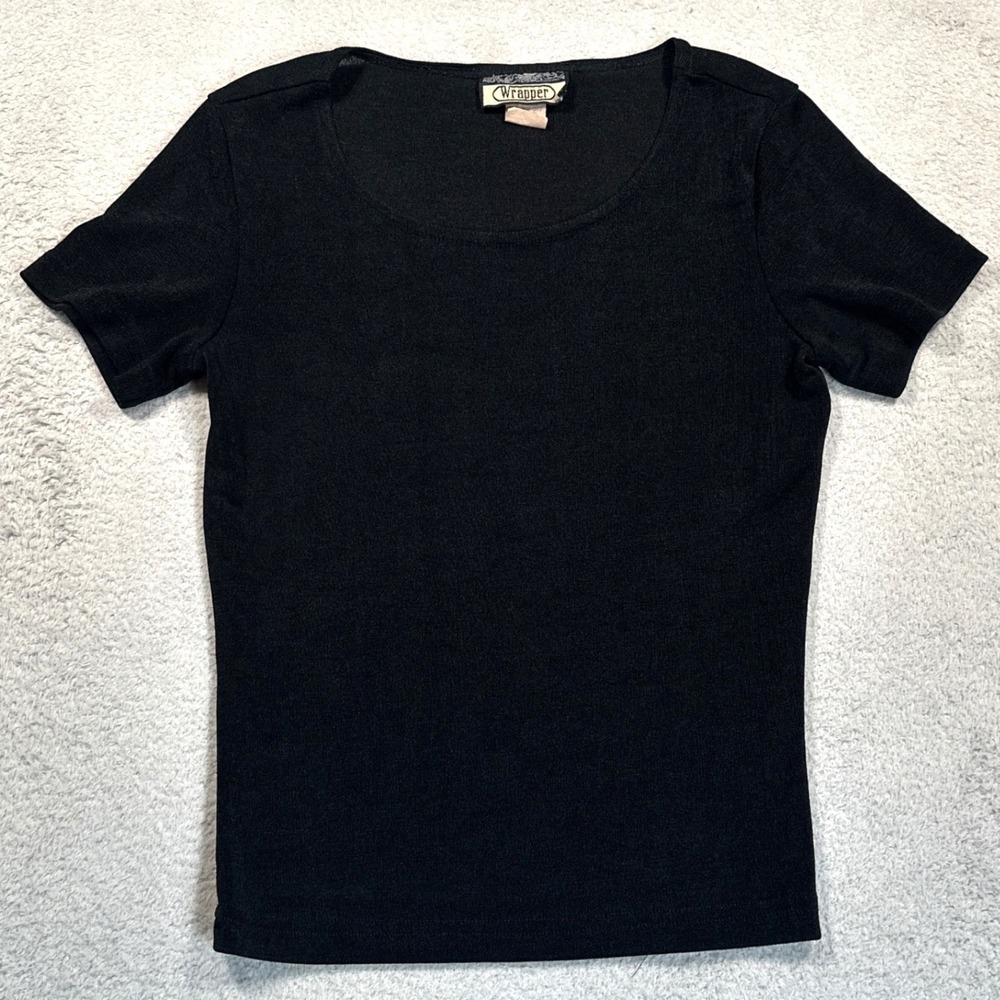 Vintage Y2K Wrapper Tee Womens M Black Short Sleeve Scoop Neck Made in USA